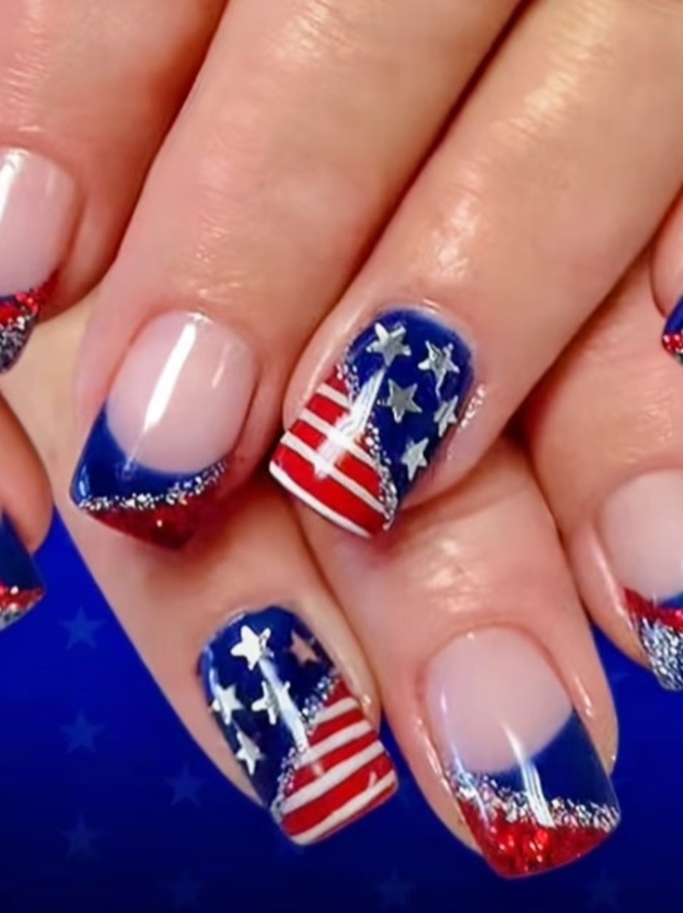 4th Of July Nails, Beautiful. Patriotic Red White & Blue Flag Nail Art. Press On
